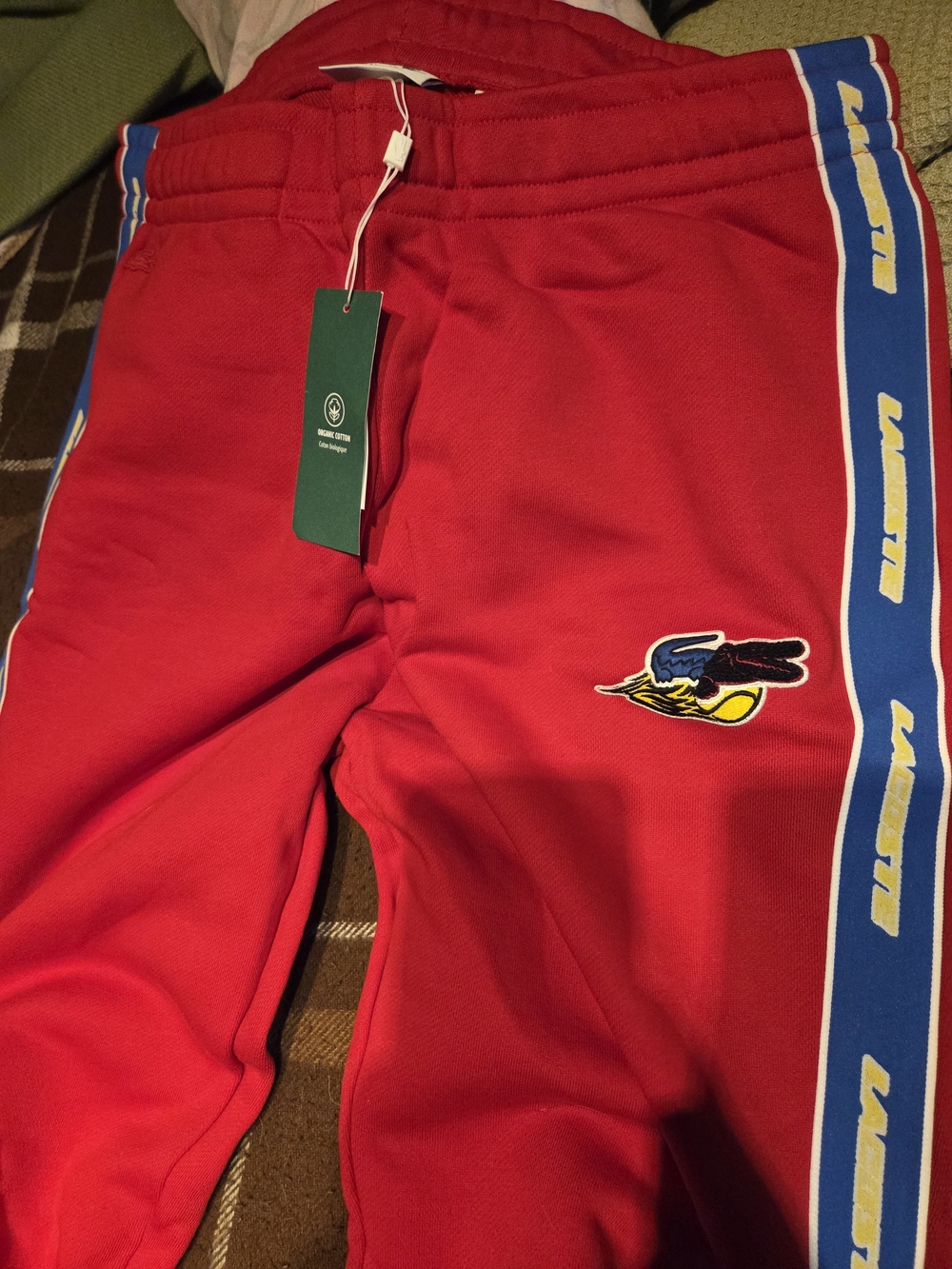 Lacoste Red Track Joggers with Blue Side Tape